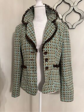 Focus 2000 Aqua and Brown Tweed Blazer with Fringe Trim